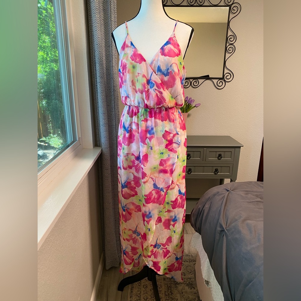 Lush Size Large Pink Watercolor Floral Faux Wrap High Low Midi Dress